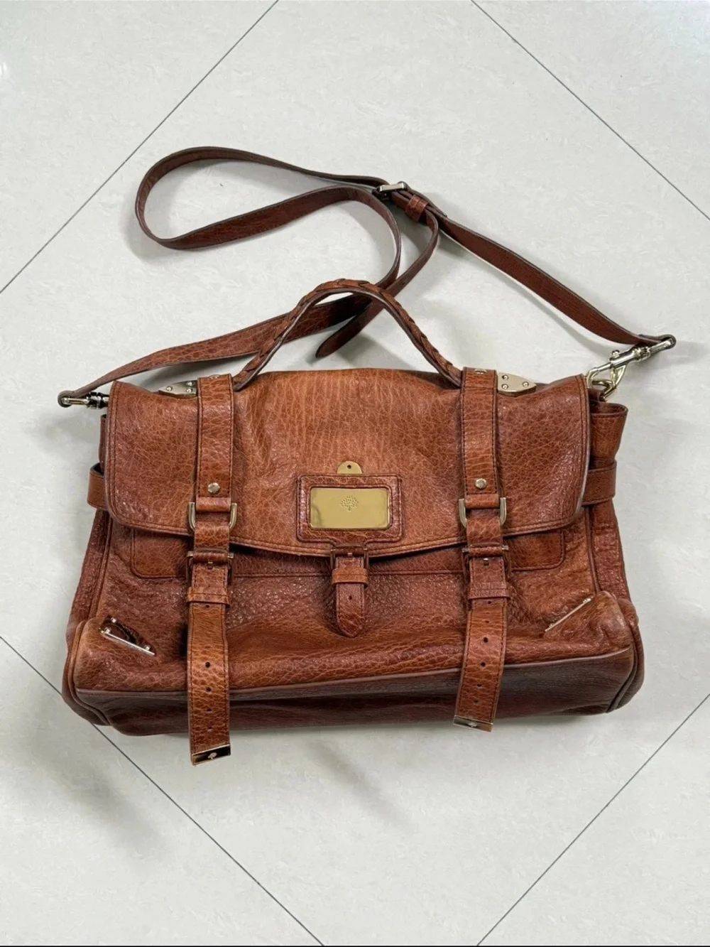 Mulberry Chestnut Brown Leather Messenger Bag with Top Handle